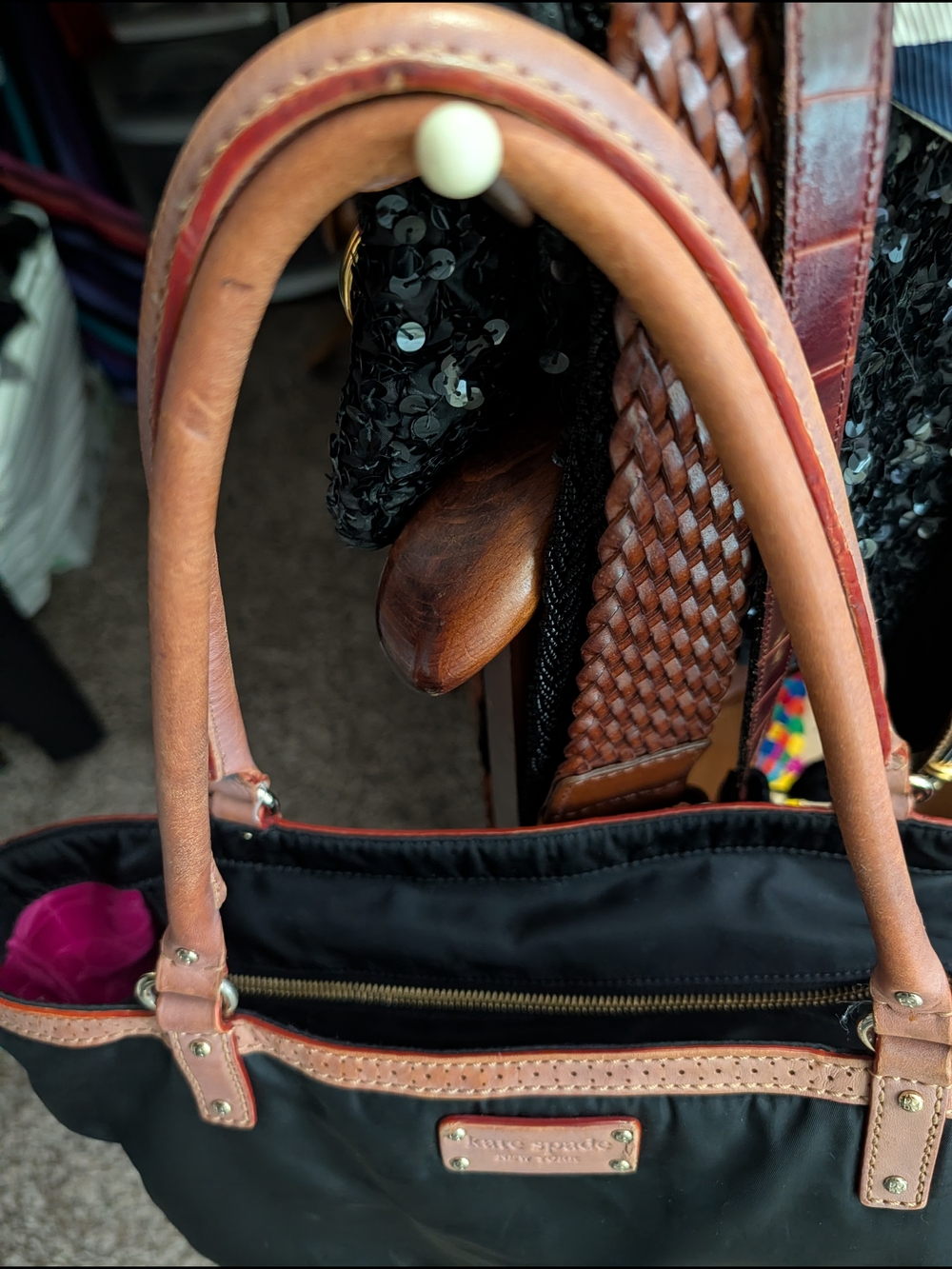 kate spade Black Nylon Tote with Brown Leather Trim and Handles - Picture 8 of 12